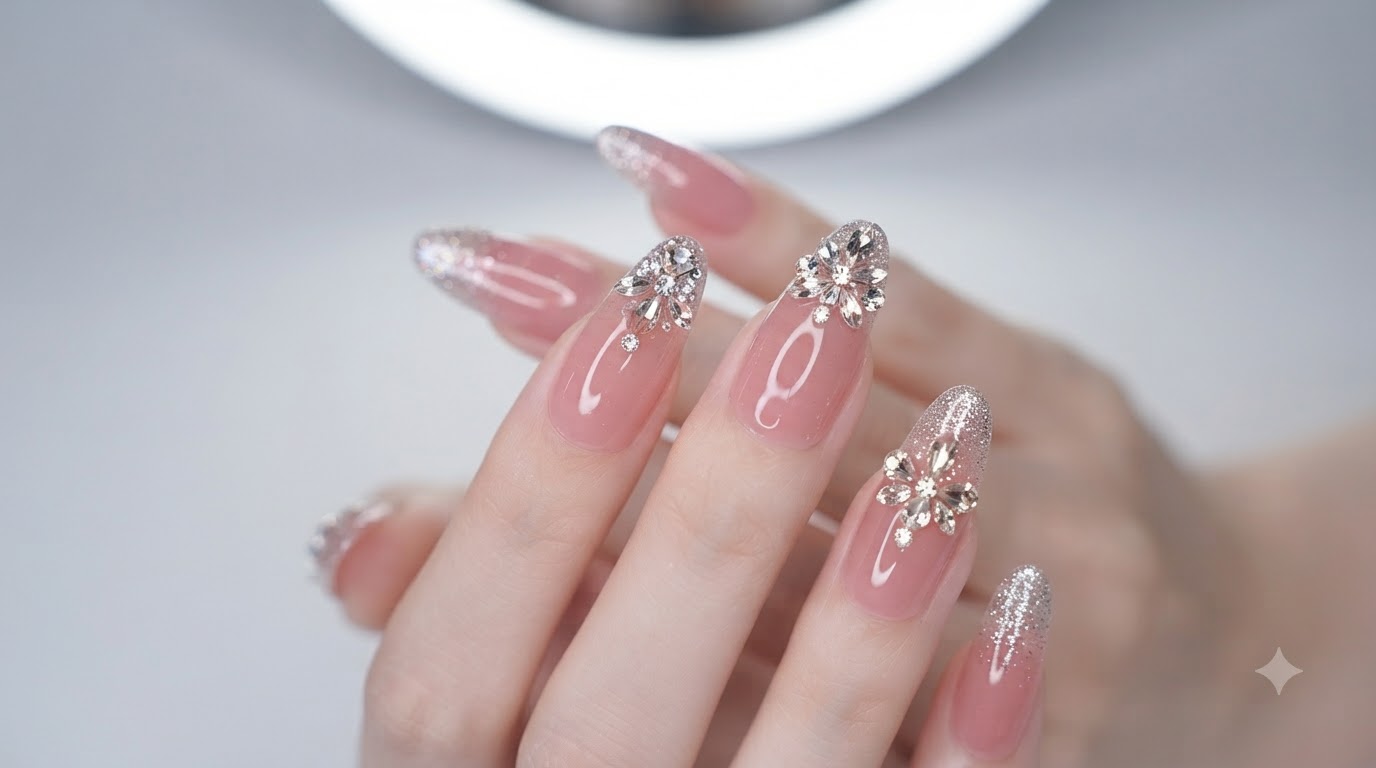 Faux-ongles rose tendre et scintillants avec ornements en cristaux — Guide étape par étape