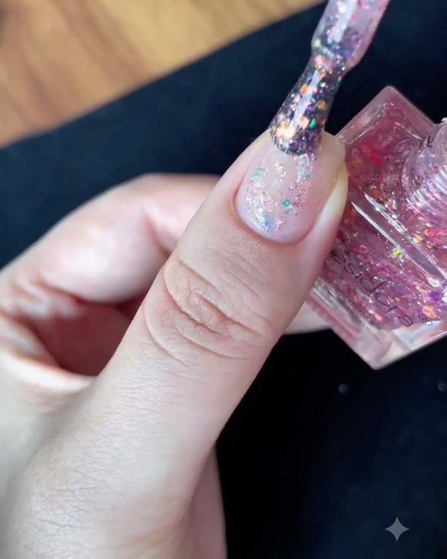 Gros plan sur un pinceau à vernis retenant des paillettes multicolores denses lors de sa sortie du flacon.