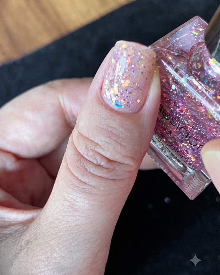 Vue rapprochée dun pouce avec du vernis à paillettes fraîchement appliqué au repos pour ségaliser.