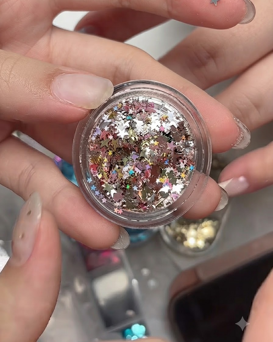 Un petit pot transparent rempli dun mélange de sequins en forme détoiles holographiques argentées, dorées et roses.