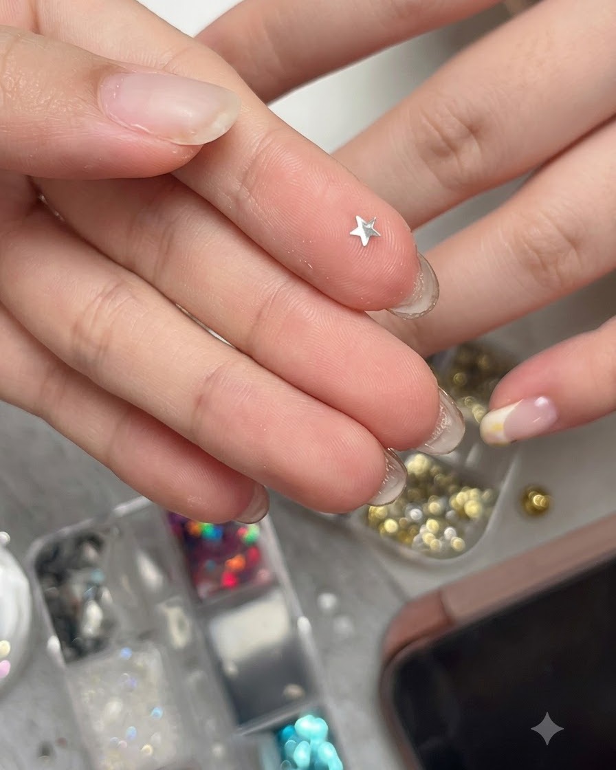 Une pièce de paillettes étoile en argent métallique incurvée reposant sur le bout dun doigt, prête à être ramassée.
