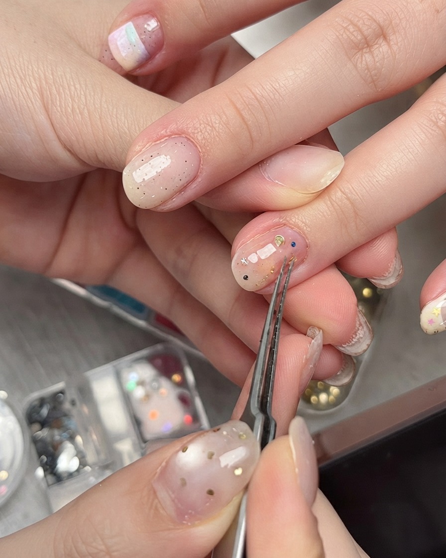 Une pince à épiler pressant délicatement une pièce de paillettes étoile sur un onglet manucuré pour la fixer à plat.