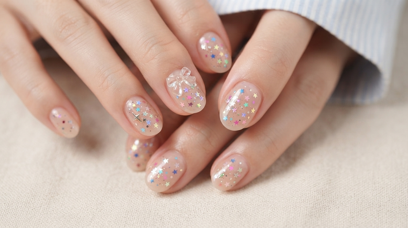 Vue rapprochée en plongée dongles en gel nude et accentués de paillettes avec des sequins détoiles et un ornement de nœud 3D.