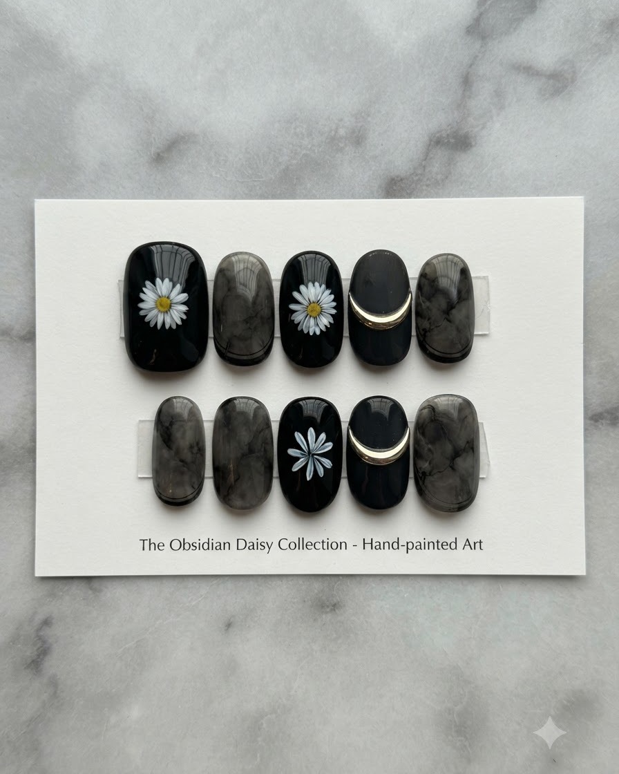 Un présentoir aérien montrant une collection de designs dongles dobsidienne et de marguerites blanches.