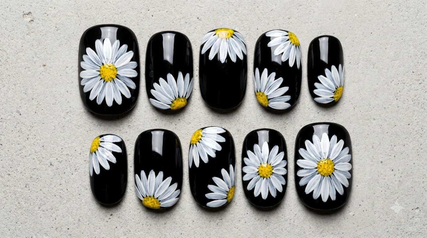 Art Ongulaire Marguerites Peintes à la Main sur Fond Noir : Tutoriel Pas à Pas