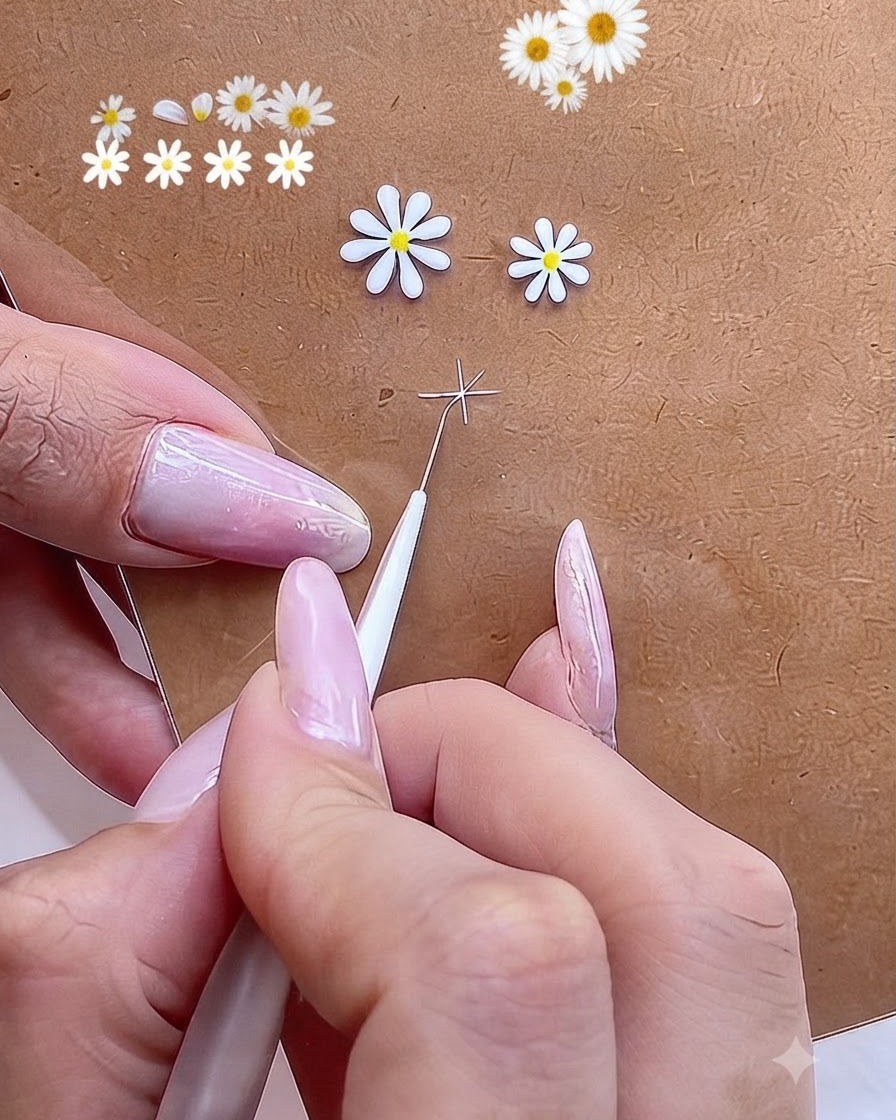 Gros plan dun pinceau fin ajoutant un petit point de gel blanc au centre dun guide en croix.