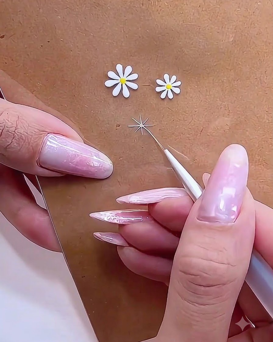 Gros plan dun pinceau à ongles tirant un seul trait de pétale en gel blanc vers lextérieur à partir du point central.