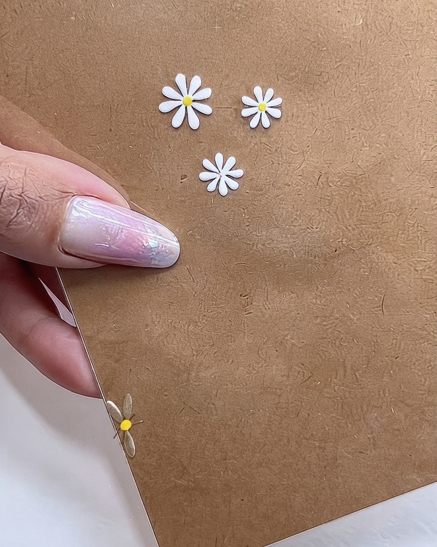 Un design dongle présentant plusieurs marguerites blanches finies avec des centres jaune vif créés à laide dun outil de doting.