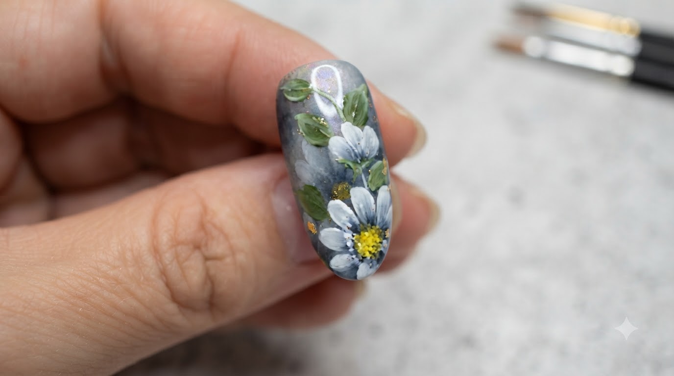 Gros plan macro de nail art en gel marguerite style nordique terminé mettant en valeur une base gris moody, des grappes florales blanches, des centres jaunes texturés, des feuilles vertes et de subtils accents dorés.