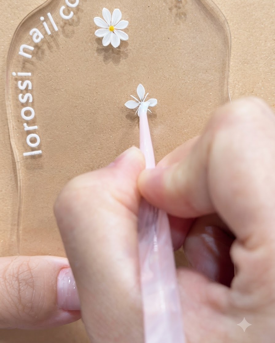 Gros plan sur un outil lissant les bords de pétales de marguerite blancs sur une palette de nail art transparente.