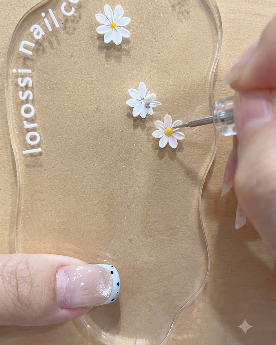 Un outil appliquant un point central jaune sur le second motif de marguerite blanche sur une palette de nail art en acrylique.