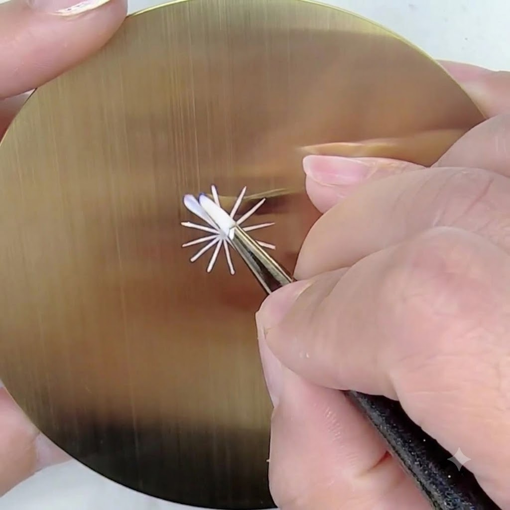 Un pinceau fin peignant un pétale blanc en utilisant une technique de pression et de soulèvement sur une feuille dentraînement dorée.