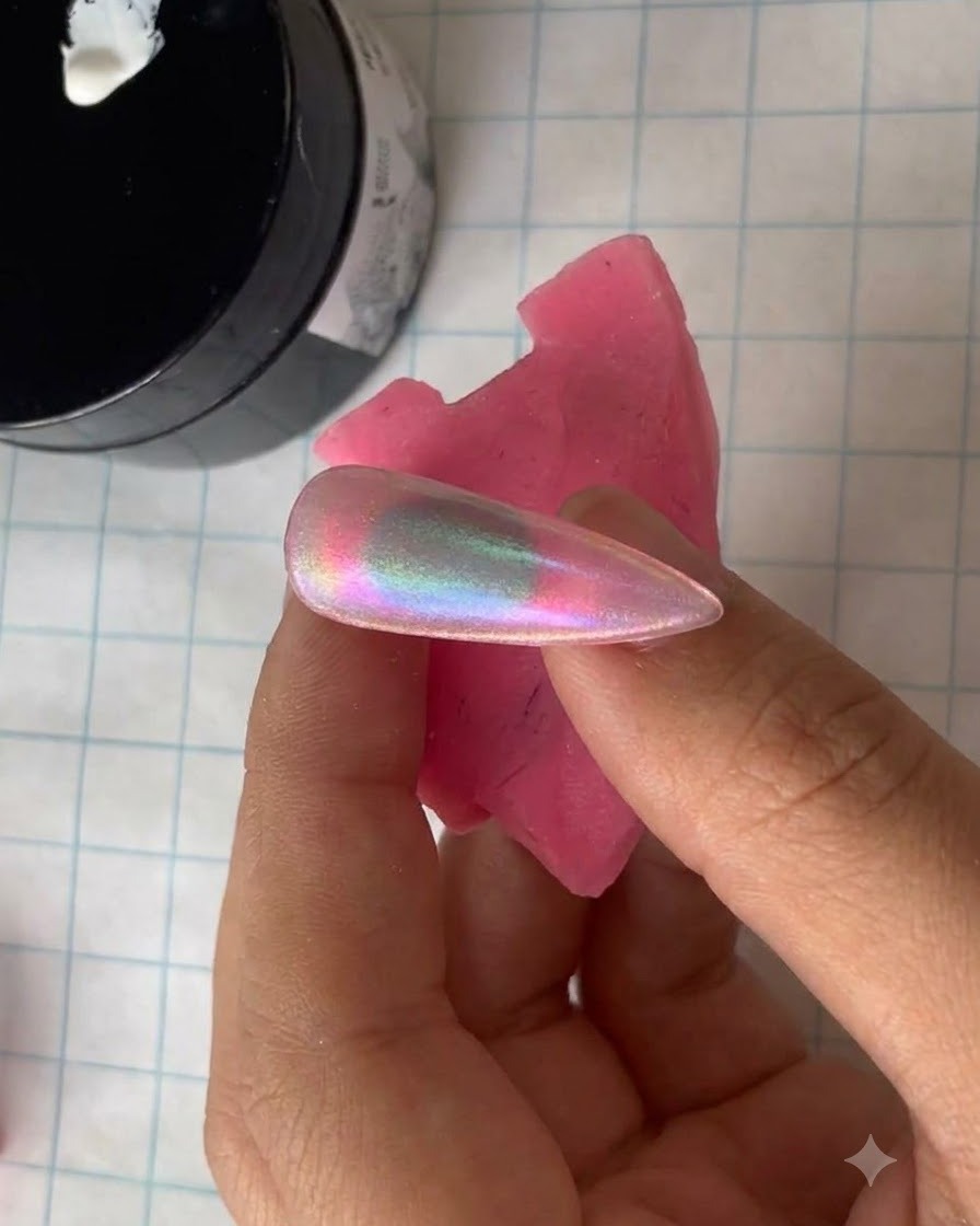 Un gros plan dun pinceau fin de nail art prélevant du gel blanc sur le rebord dun pot noir.