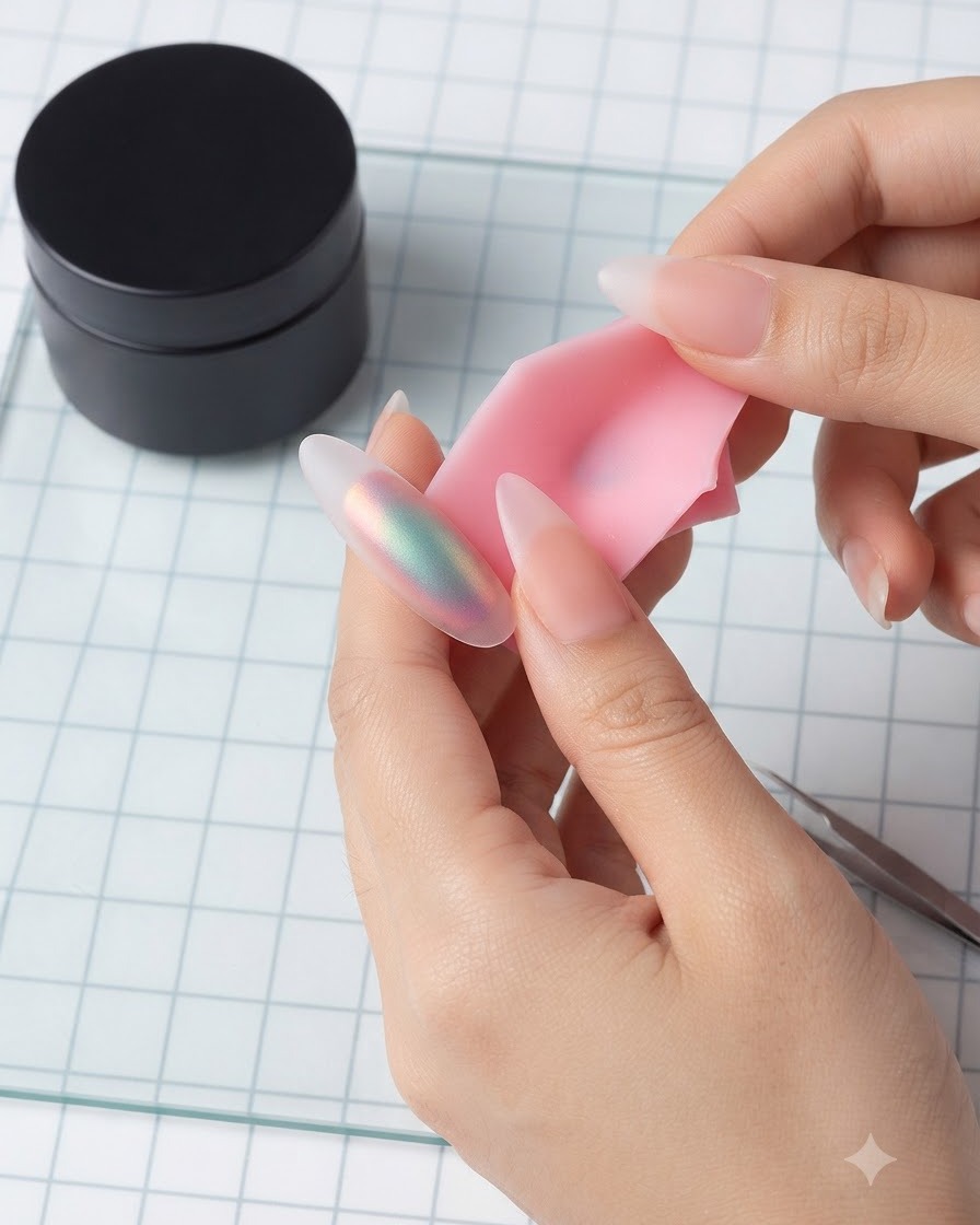 Un pinceau à ongles étalant un top coat mat sur un modèle dongle à finition aurora iridescente.