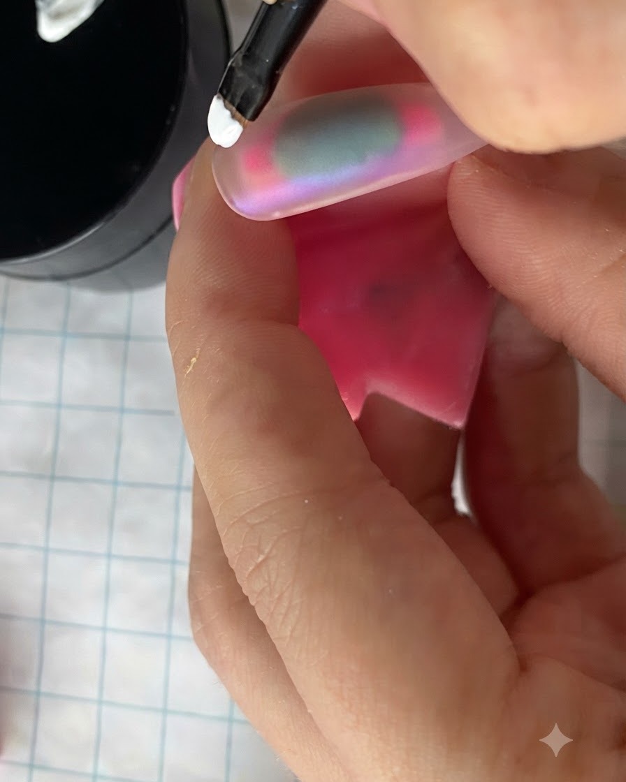 Une main tenant un support à ongle rose avec une capsule enduite positionnée à lintérieur dune lampe de séchage.