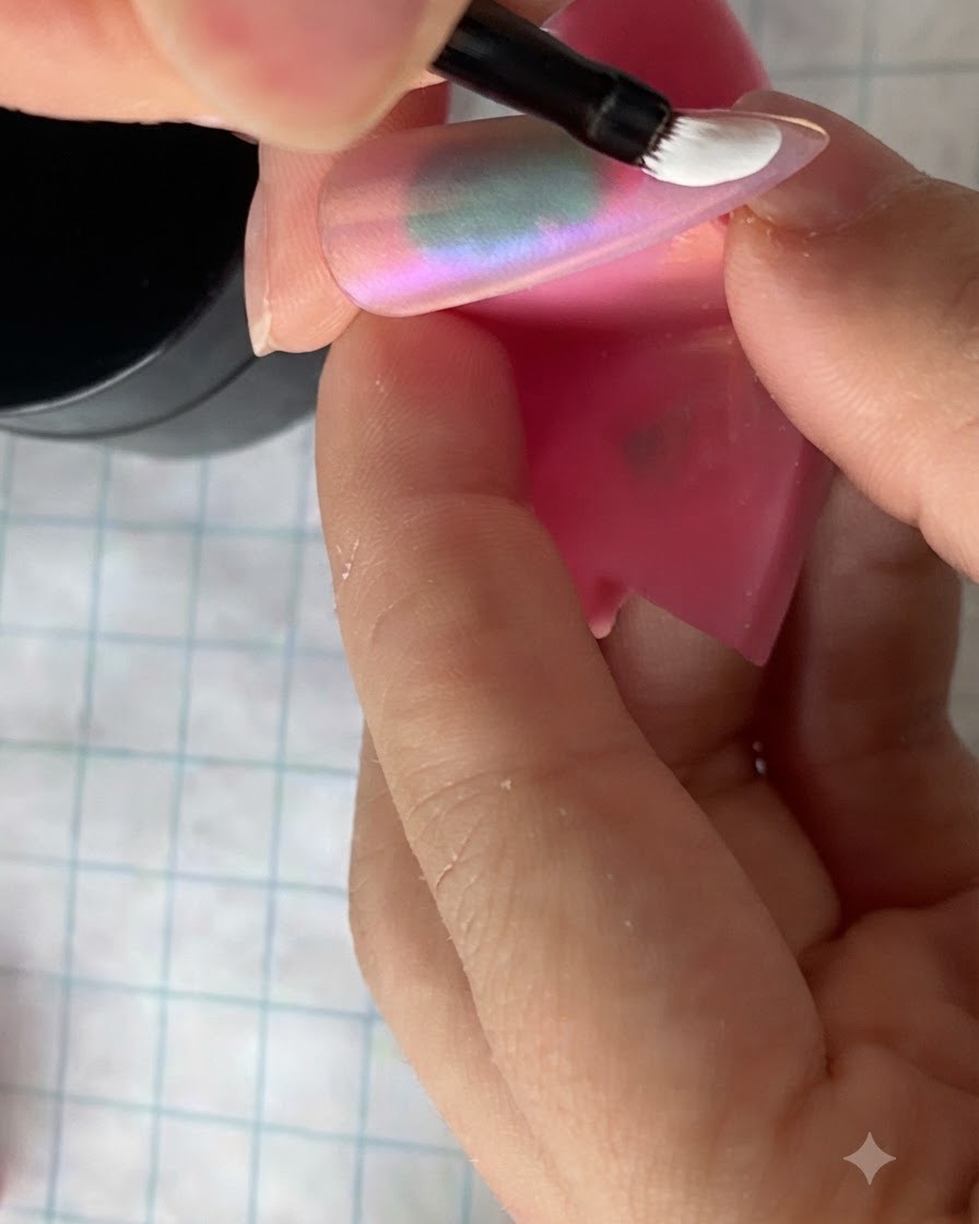 Un pinceau fin posant un unique trait de gel blanc pour former un pétale de marguerite sur une surface dongle mate.