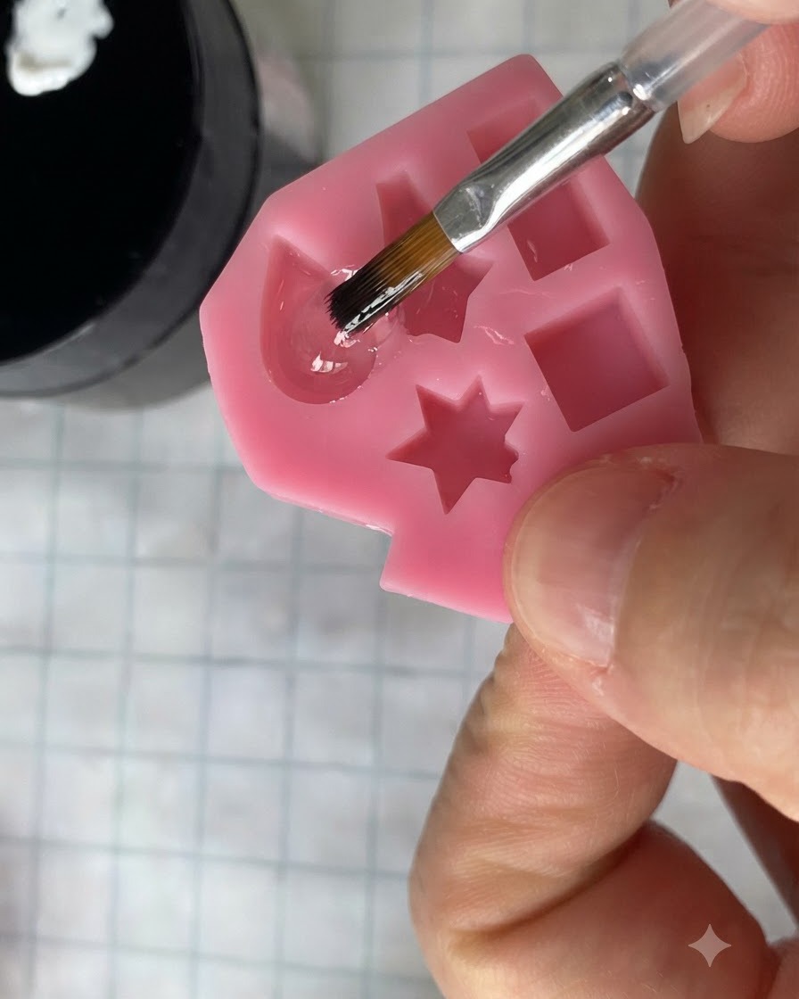 Un pinceau fin trempant dans un flacon pour appliquer un top coat mat sur une base moulée.