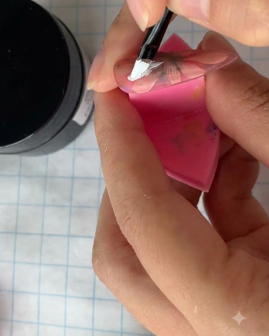 Un pinceau liner fin peignant minutieusement de plus petits pétales blancs entre les pétales de fleurs existants sur un ongle.