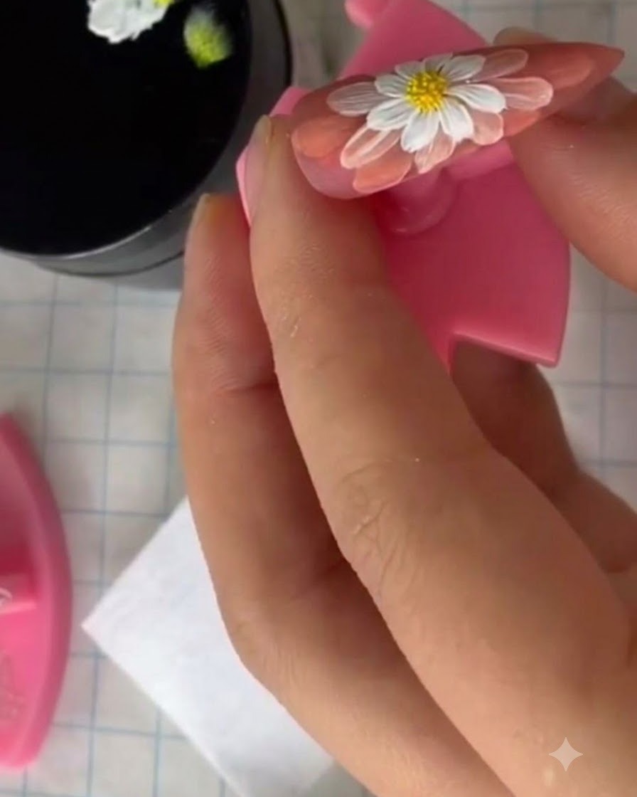 Une main tenant un ongle décoré près dune lampe UV pendant le processus de catalyse.