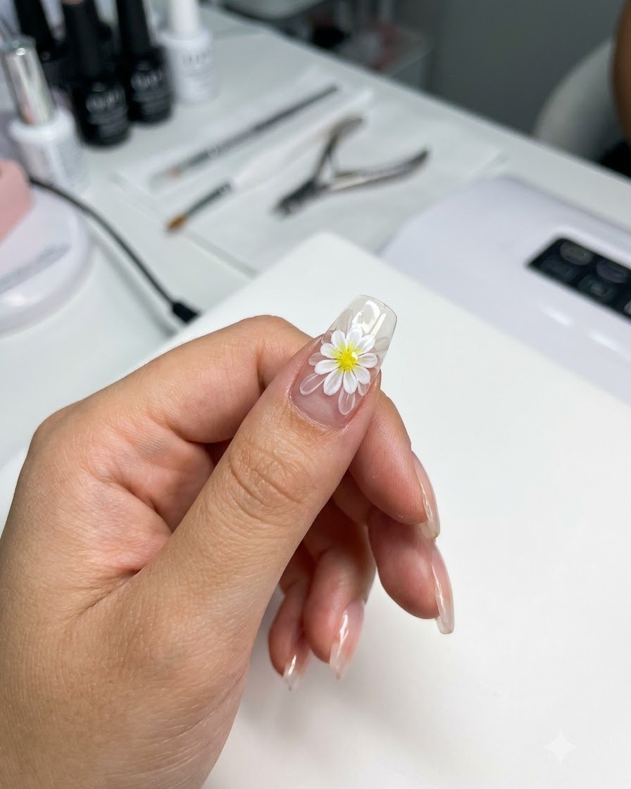 Un pinceau à ongle étalant une couleur rose translucide sur le design dongle marguerite double couche.