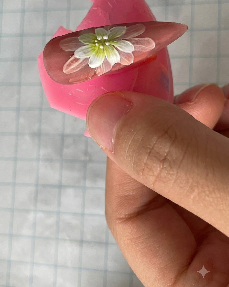 Un pinceau appliquant un top coat mat sur le design dongle marguerite double couche achevé.