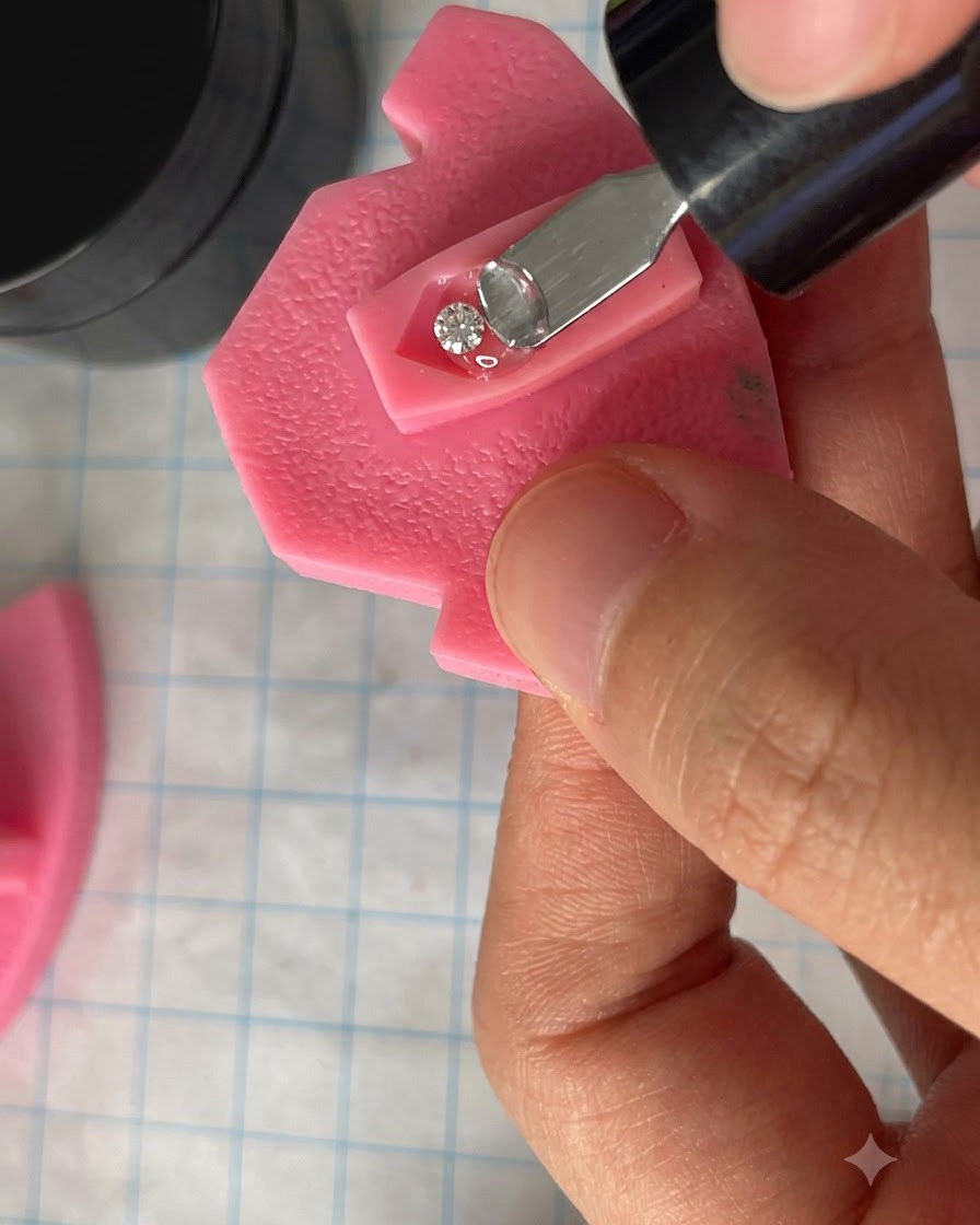 Une main plaçant un modèle dongle rose sous une lampe UV pour la catalyse.