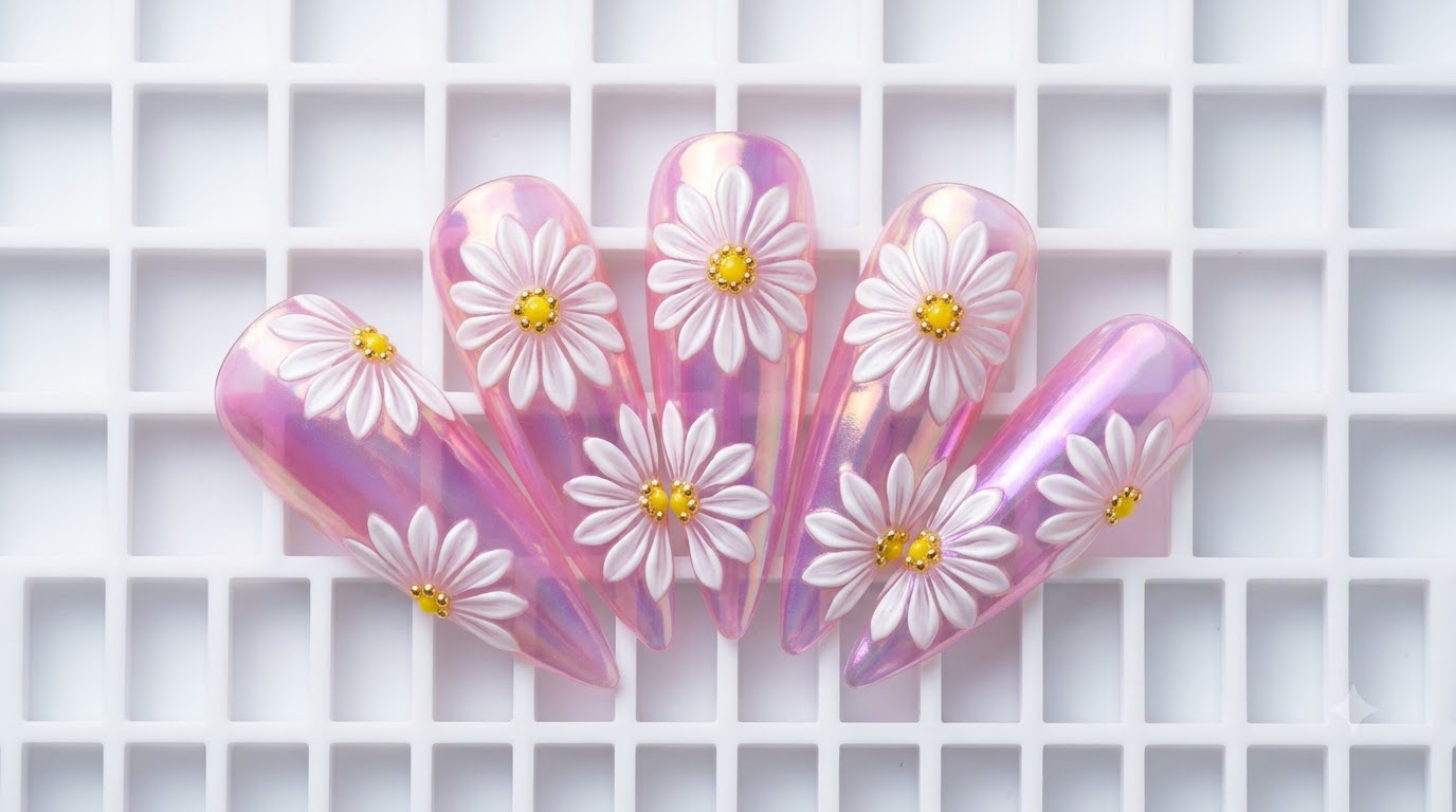 Art Ongulaire Floral Marguerite Double Couche avec Effets Aurora et Chrome — Tutoriel Étape par Étape