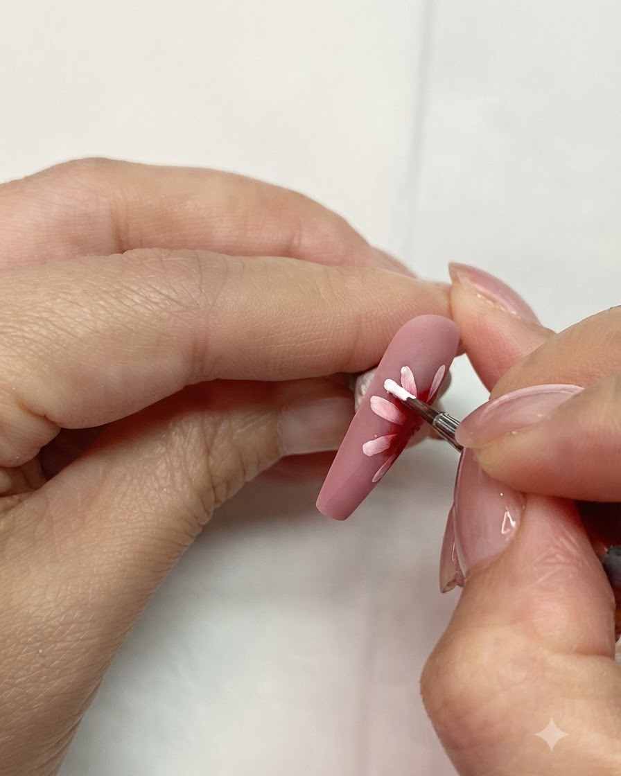 Une main utilisant un pinceau fin pour peindre un pétale blanc chevauchant le centre rouge diffus sur un ongle.