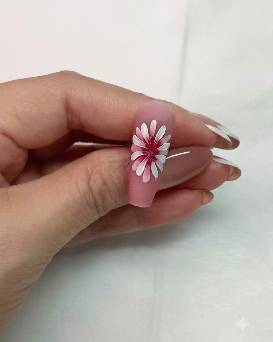 Un design dart dongle marguerite blanc à double couche complété, présenté pour montrer leffet 3D dimensionnel.