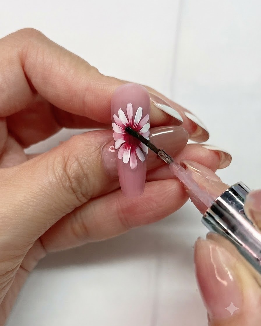 Un plan détaillé dun pinceau appliquant du liquide blooming sur le centre du design de la fleur de marguerite.