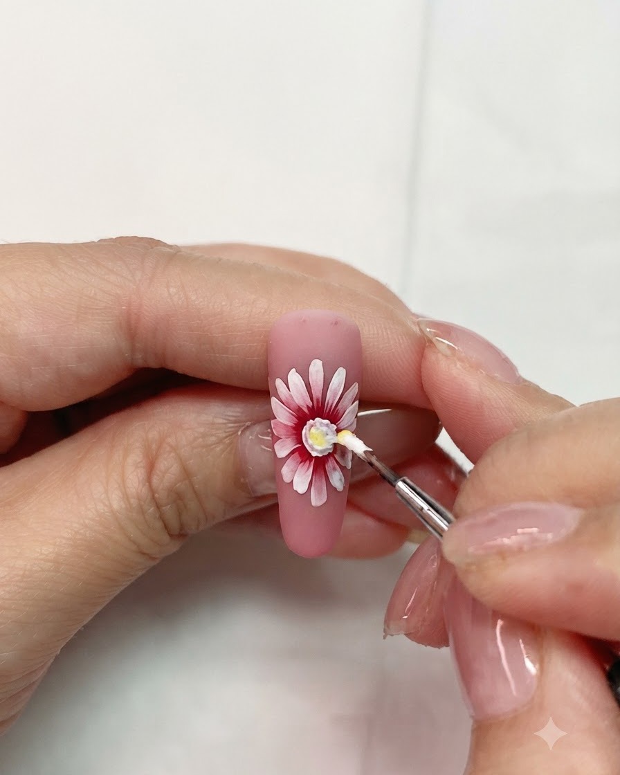 Un petit pinceau de détail appliquant du gel jaune au centre dun nail art marguerite superposé rose et blanc.