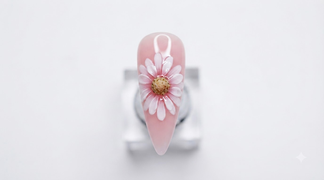 Gros plan dun ongle rose fini présentant un design dart dongle marguerite blanc à double couche complexe avec un centre texturé jaune et brun, et une finition brillante.