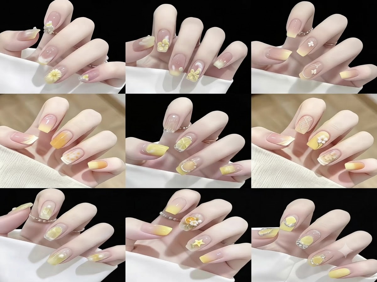 Une grille présentant neuf styles différents de nail art dégradé jaune et floral sur des capsules dongles.
