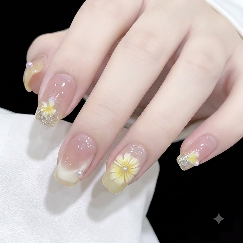 Gros plan dune main présentant des ongles à base jelly transparente décorés de fleurs de marguerites jaunes 3D et de perles daccentuation.