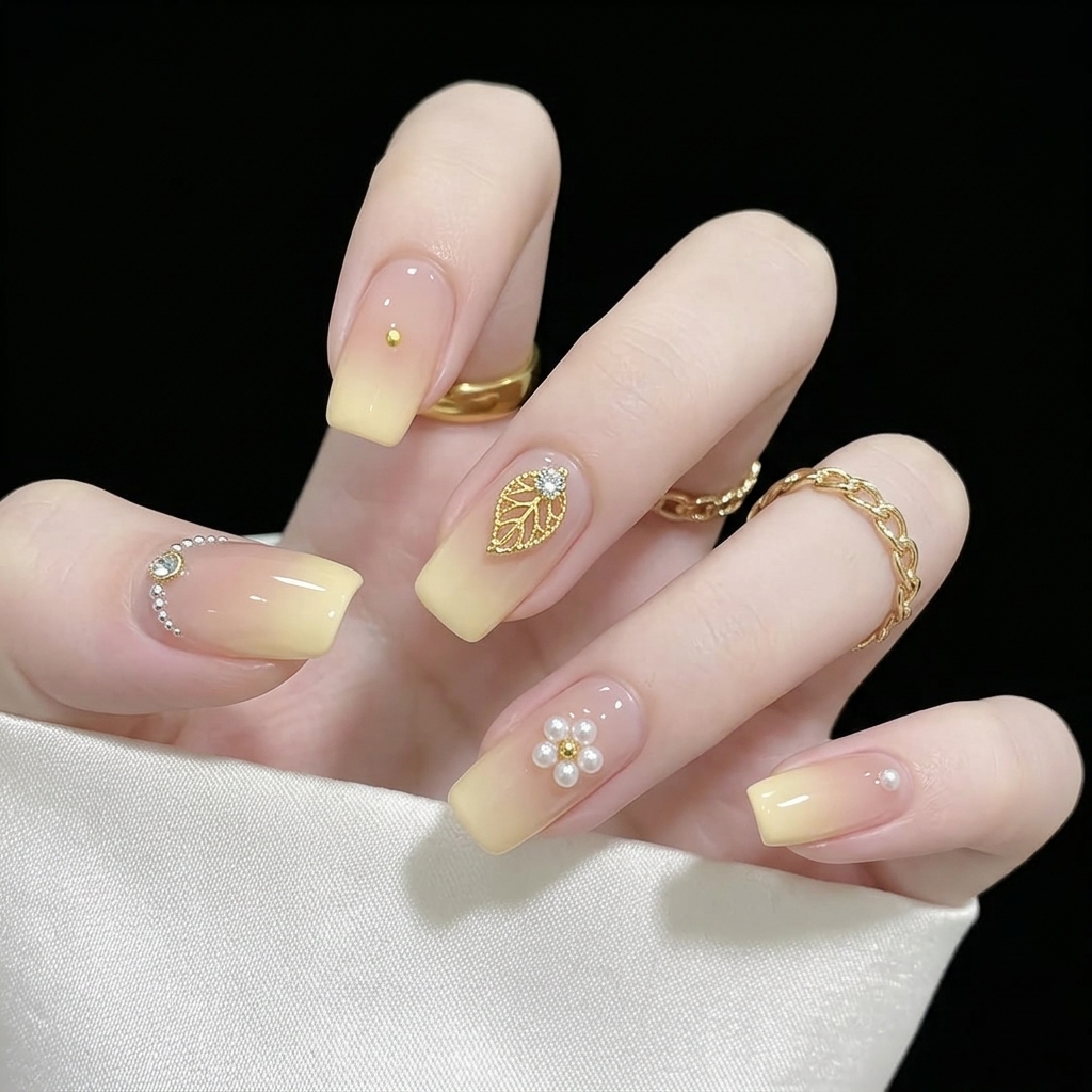 Prise de vue détaillée dongles en dégradé ombre jaune doux ornés de délicates marguerites blanches et dune fine poussière de paillettes.