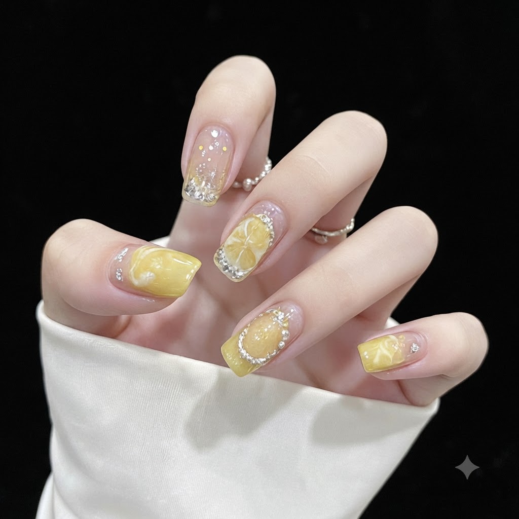 Gros plan dongles unis en jaune vif accentués par un encadrement en strass argentés et une poussière de paillettes scintillantes.
