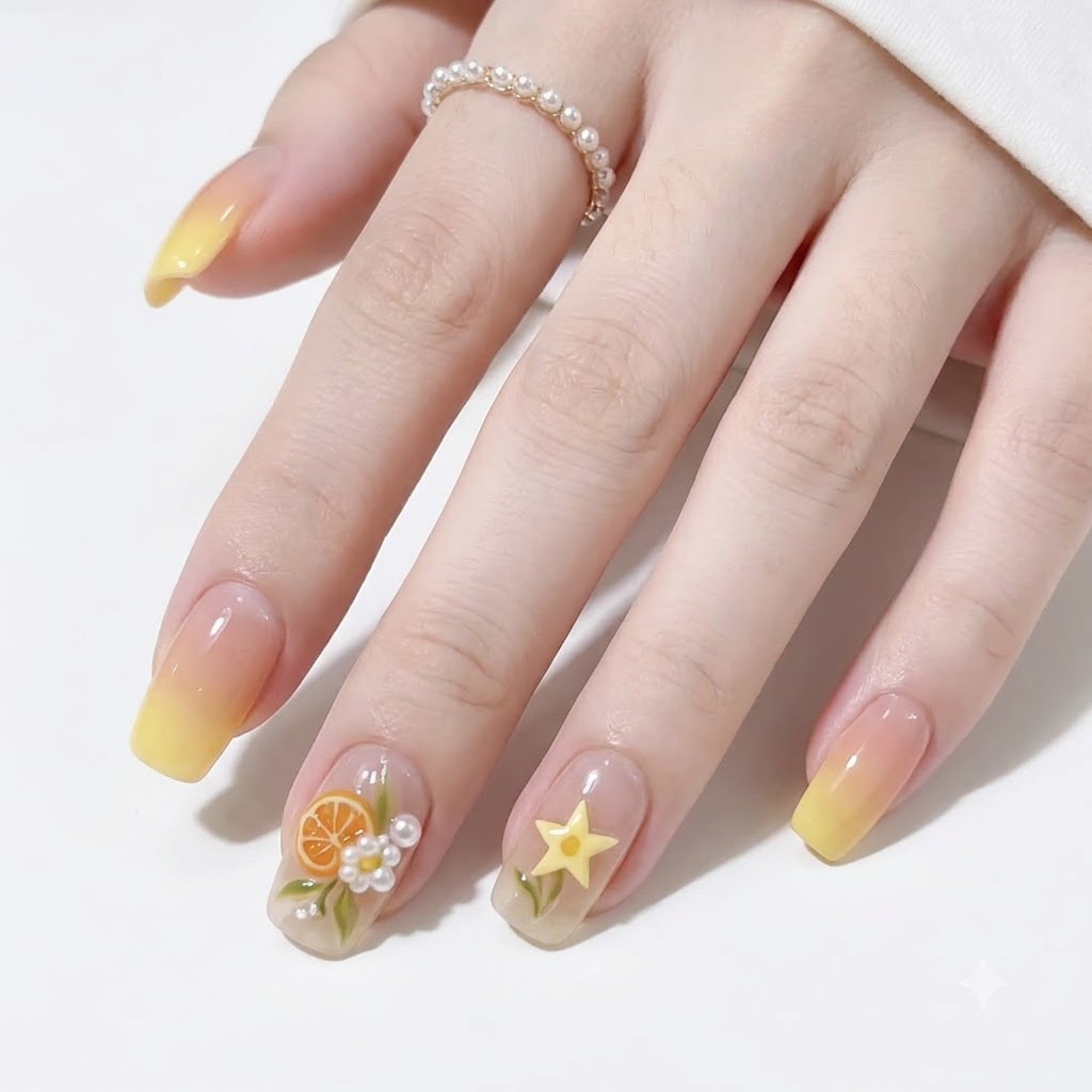 Gros plan dune main aux ongles carrés dotés de bases jelly jaune translucide décorées dun charm de tranche dorange 3D et dembellissements de fleurs blanches.