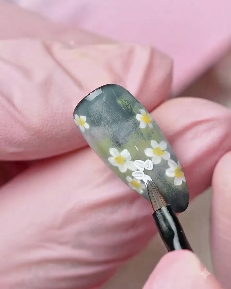 Gros plan dune main gantée utilisant un pinceau fin pour peindre des pétales de fleurs blanches sur une surface dongle verte texturée.