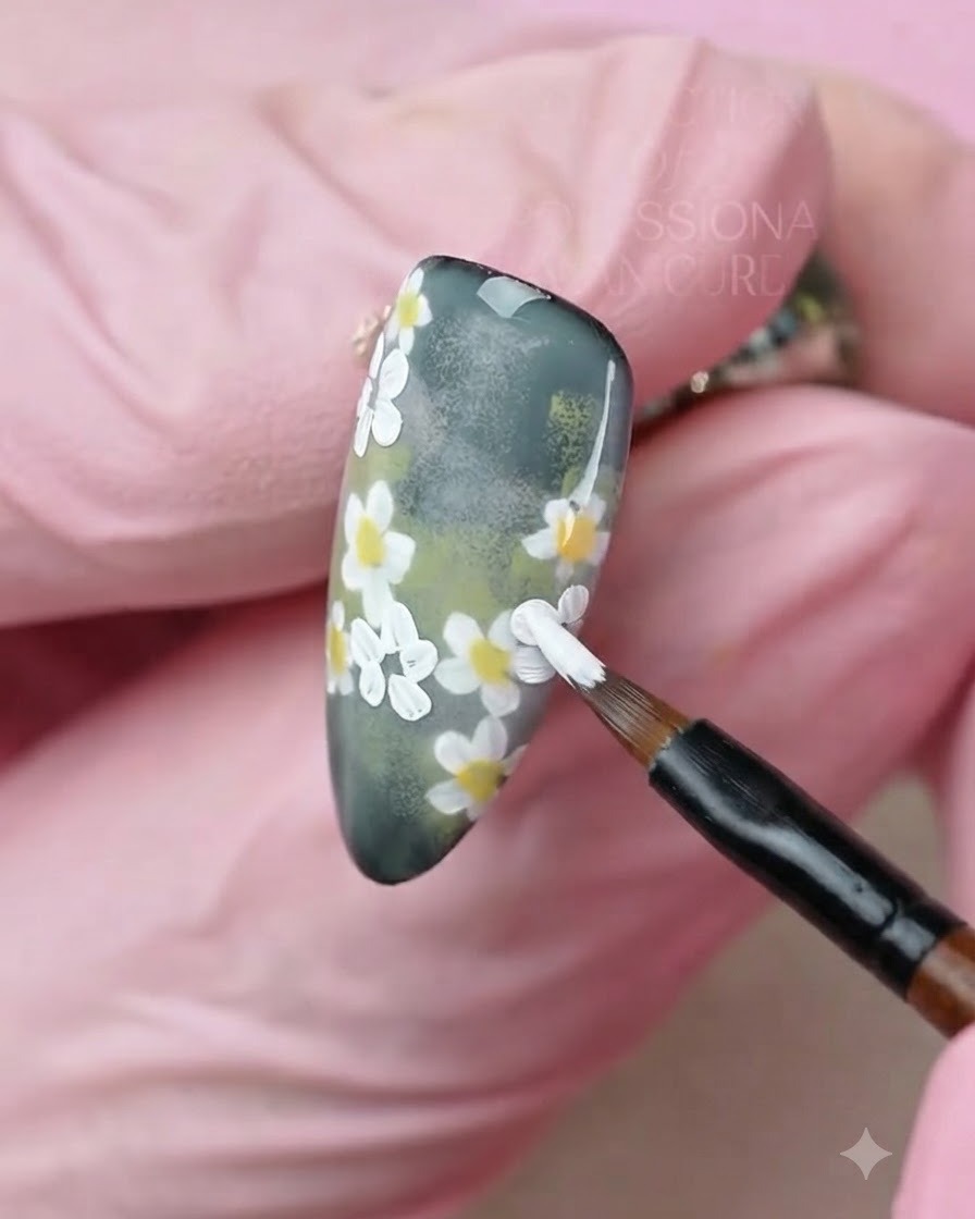 Un pinceau de détail appliquant soigneusement des points jaune vif au centre de fleurs de marguerites peintes en blanc sur un ongle.