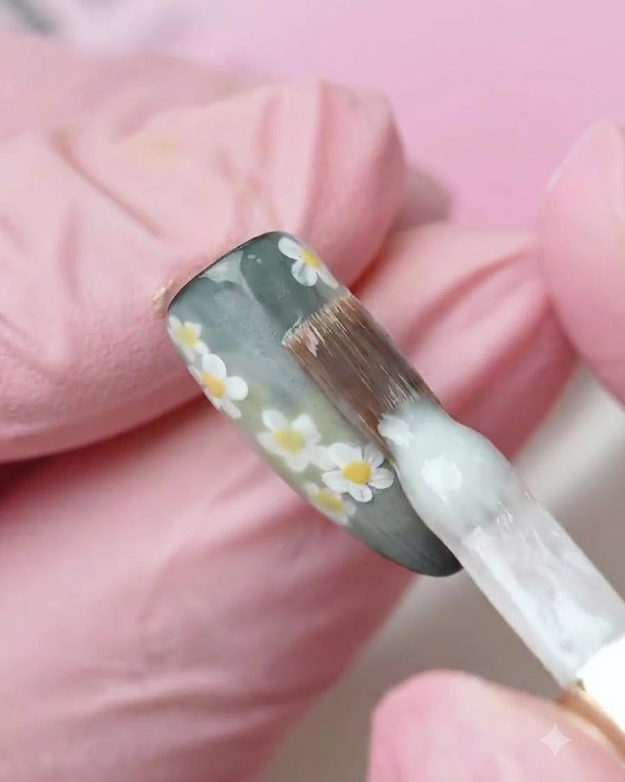 Un pinceau appliquant une couche de vernis gel blanc laiteux sur une surface dongle décorée.
