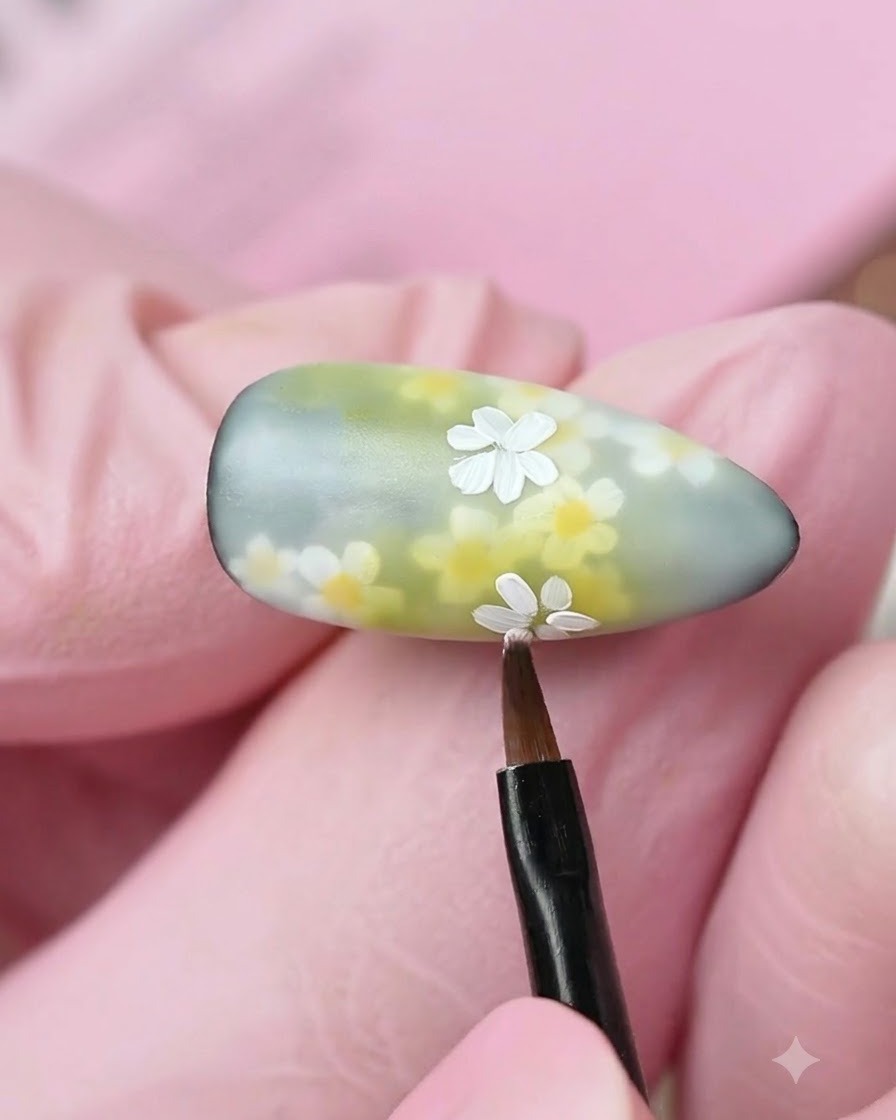 Un pinceau fin ajoutant les derniers détails de pétales blancs à une fleur de marguerite sur un ongle aux tons multiples.