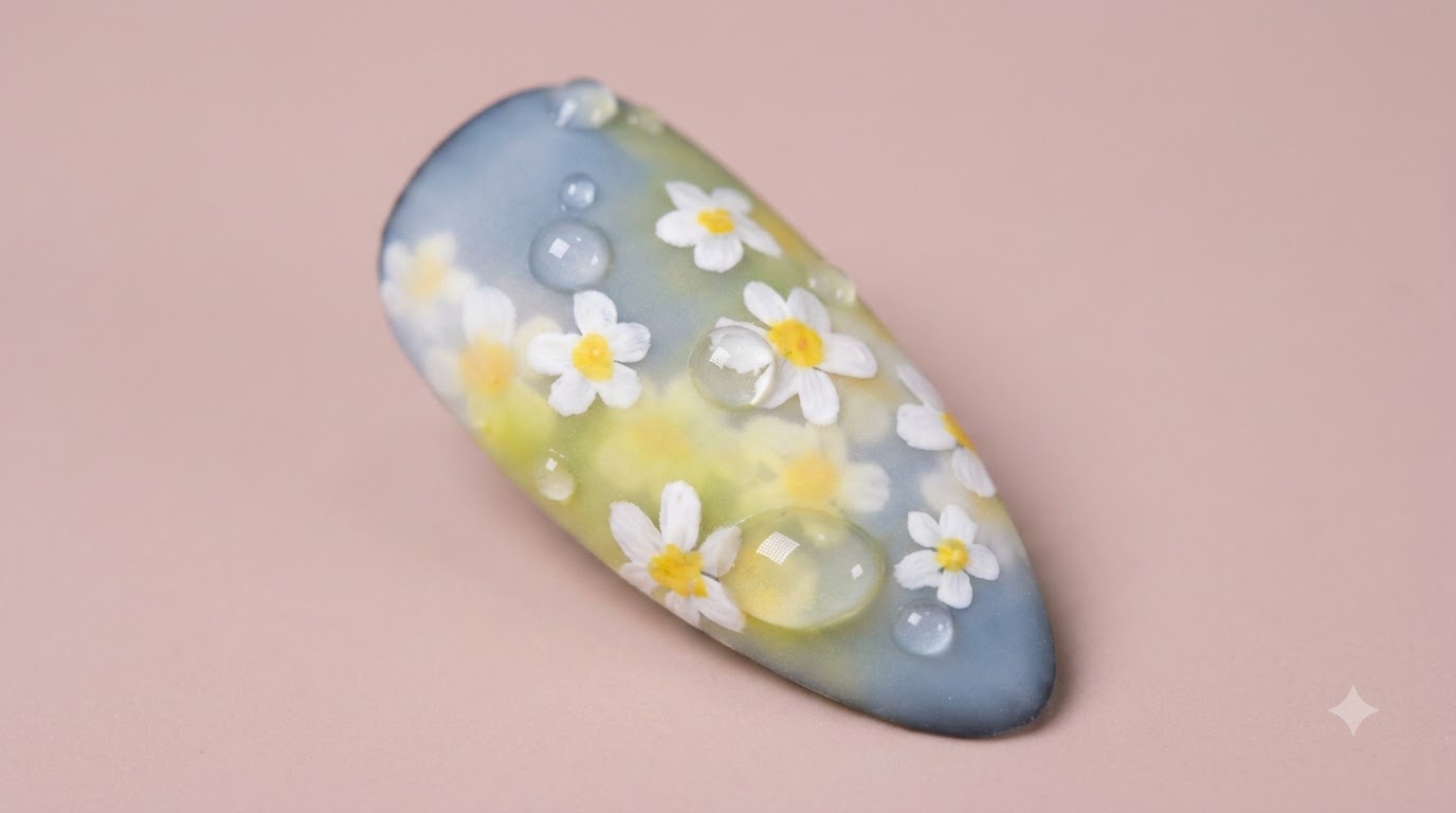 Gros plan macro dun ongle en amande présentant un fond dégradé doux avec des marguerites blanches peintes et des gouttes deau 3D sous un fini mat.