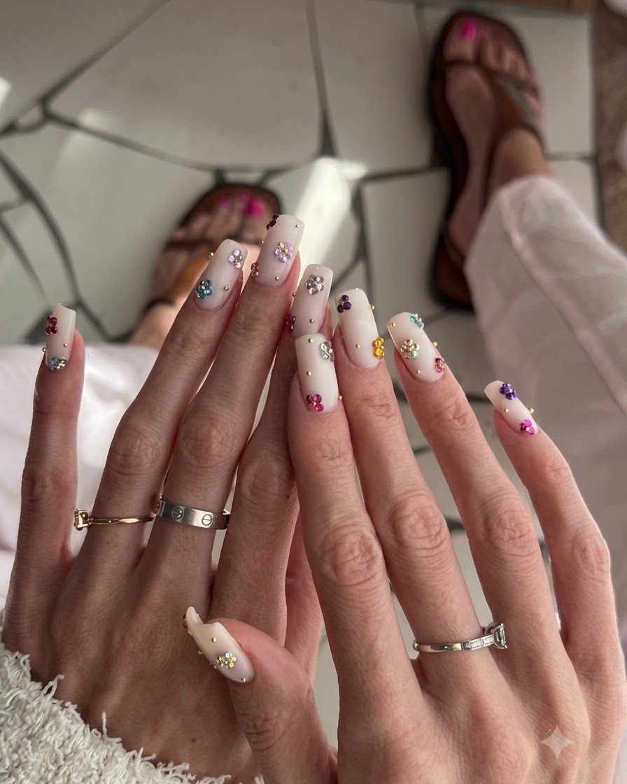 Gros plan des doigts de la main droite mettant en valeur les détails du nail art floral multicolore et les bagues empilées en argent.