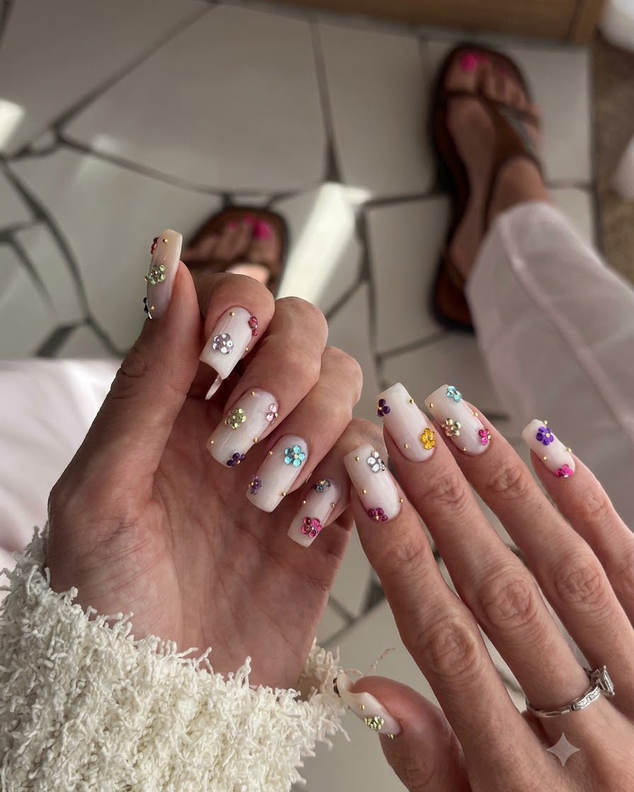 Vue rapprochée dune main droite présentant des ongles carrés nude brillants décorés de fleurs de cristal colorées et de petites perles dorées.