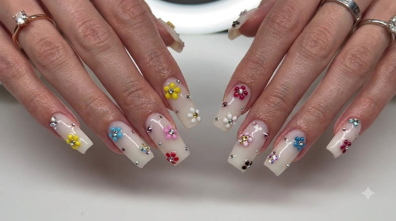 Faux ongles blanc milanais avec marguerites 3D multicolores et strass — Guide étape par étape