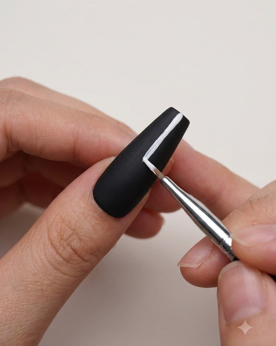 Un pinceau de détail fin appliquant du gel blanc pour former des traits droits sur un ongle noir mat.