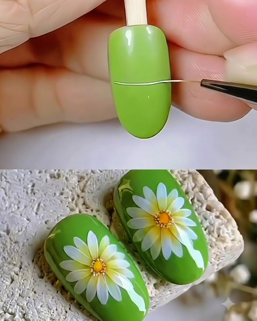 Un pinceau fin trace une ligne horizontale fine et délicate sur un ongle enduit de gel vert.