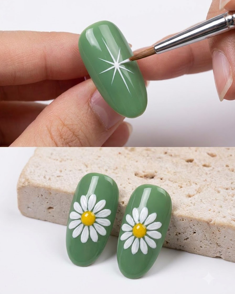 Un pinceau à ongles ajoutant des pétales blancs superposés supplémentaires pour accentuer le volume dune marguerite peinte.
