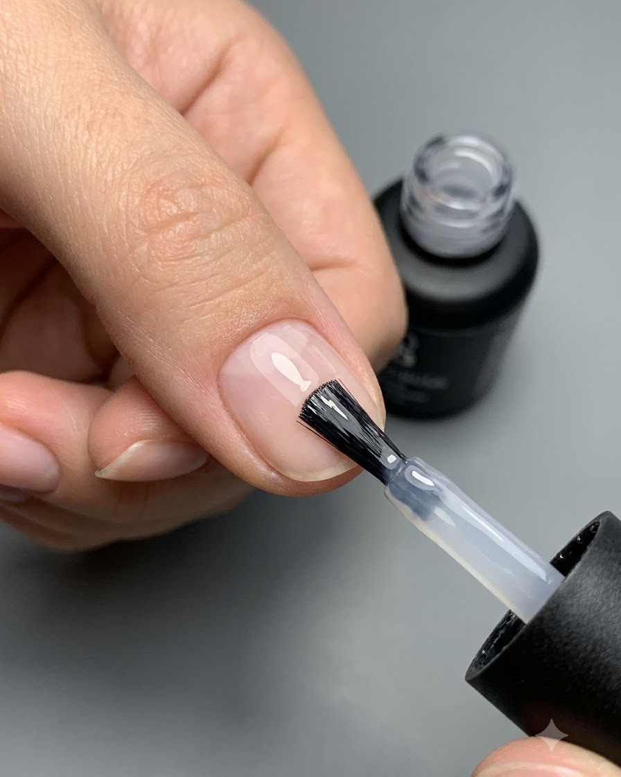 Un pinceau appliquant une couche de finition mate sur la surface dun ongle manucuré.