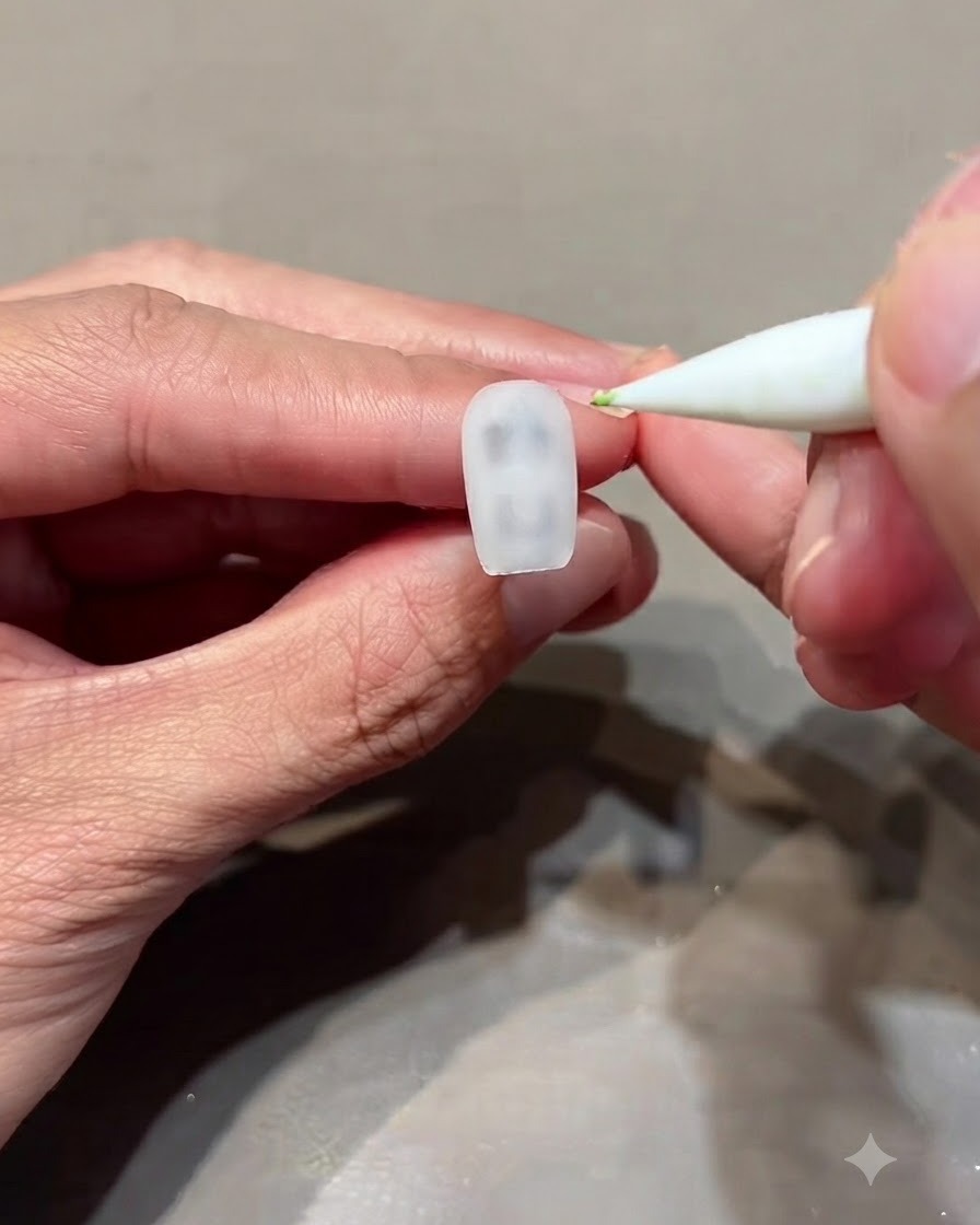 Un outil applicateur pointu prélevant une quantité infime de gel de tapotement vert sur une palette.